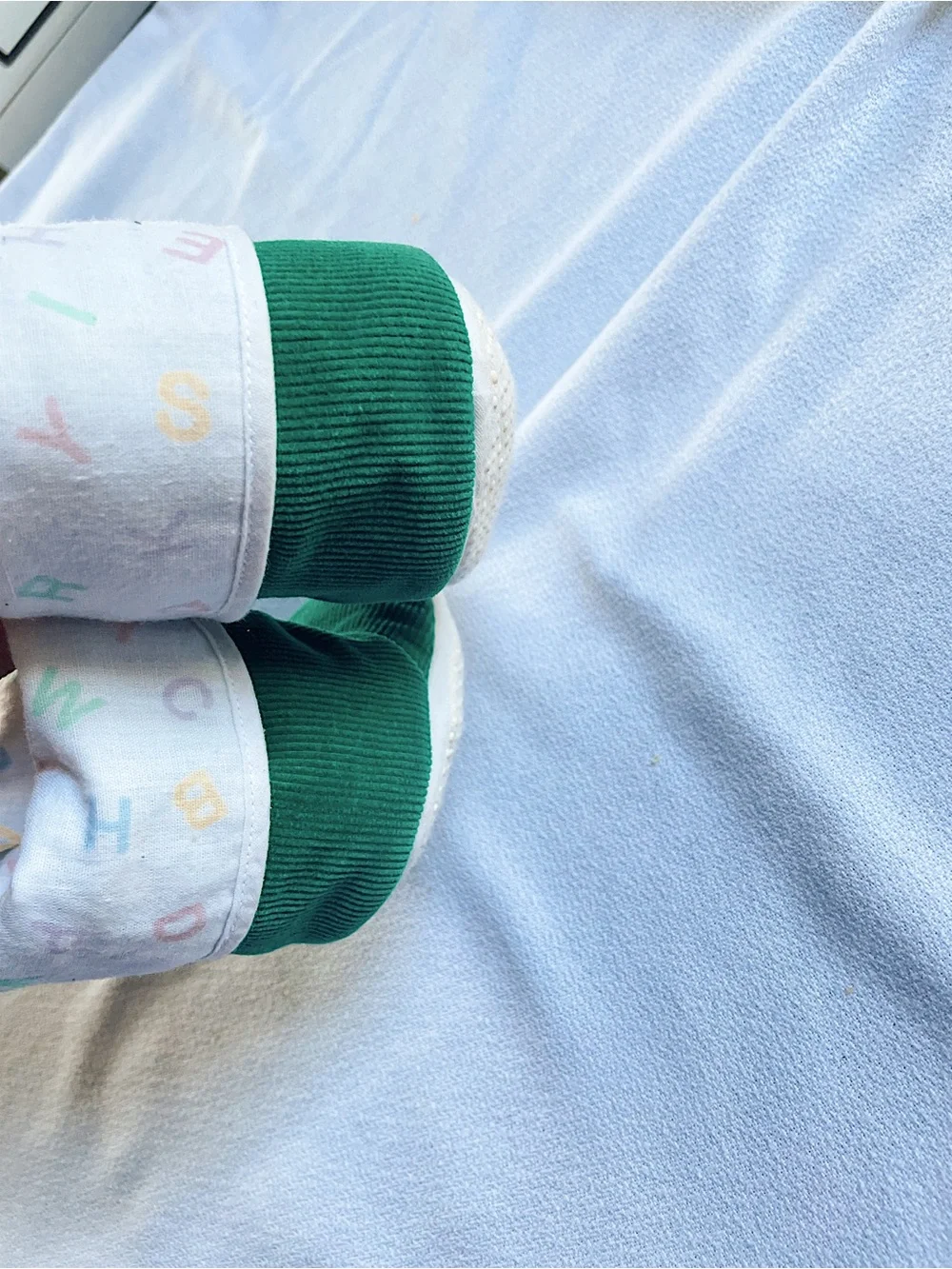 VINTAGE HANDMADE 50s 60s 70s Booties Green Corduroy Alphabet Baby Slippers
